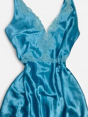 Satin Lace Trim Dress - Teal Blue